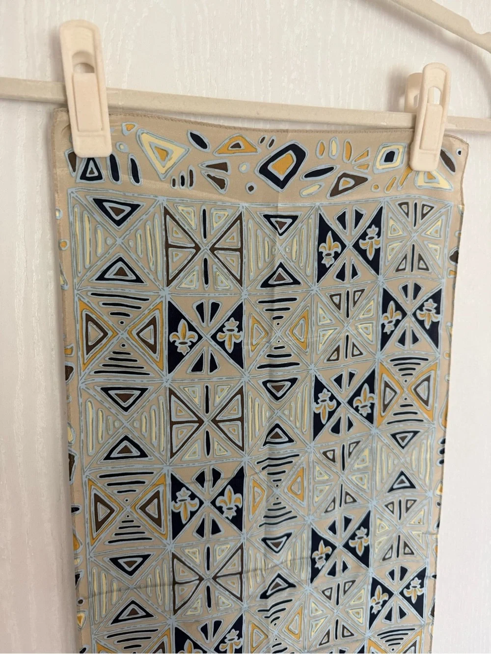 Rene Pure Soie 100% Silk Geometric Oblong Scarf Beige Blue Mustard Abstract